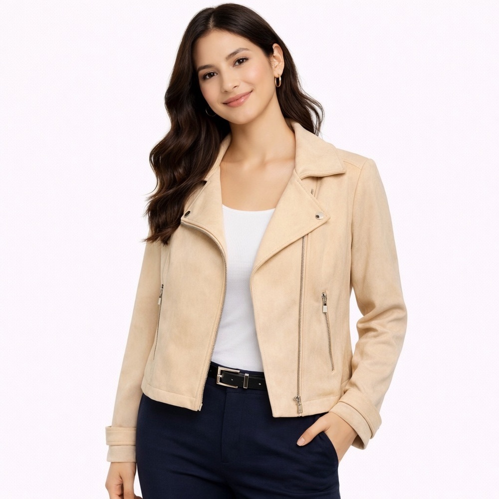 Laundry by Shelli Segal Faux Suede Moto Jacket Beige Asymmetrical Zip S